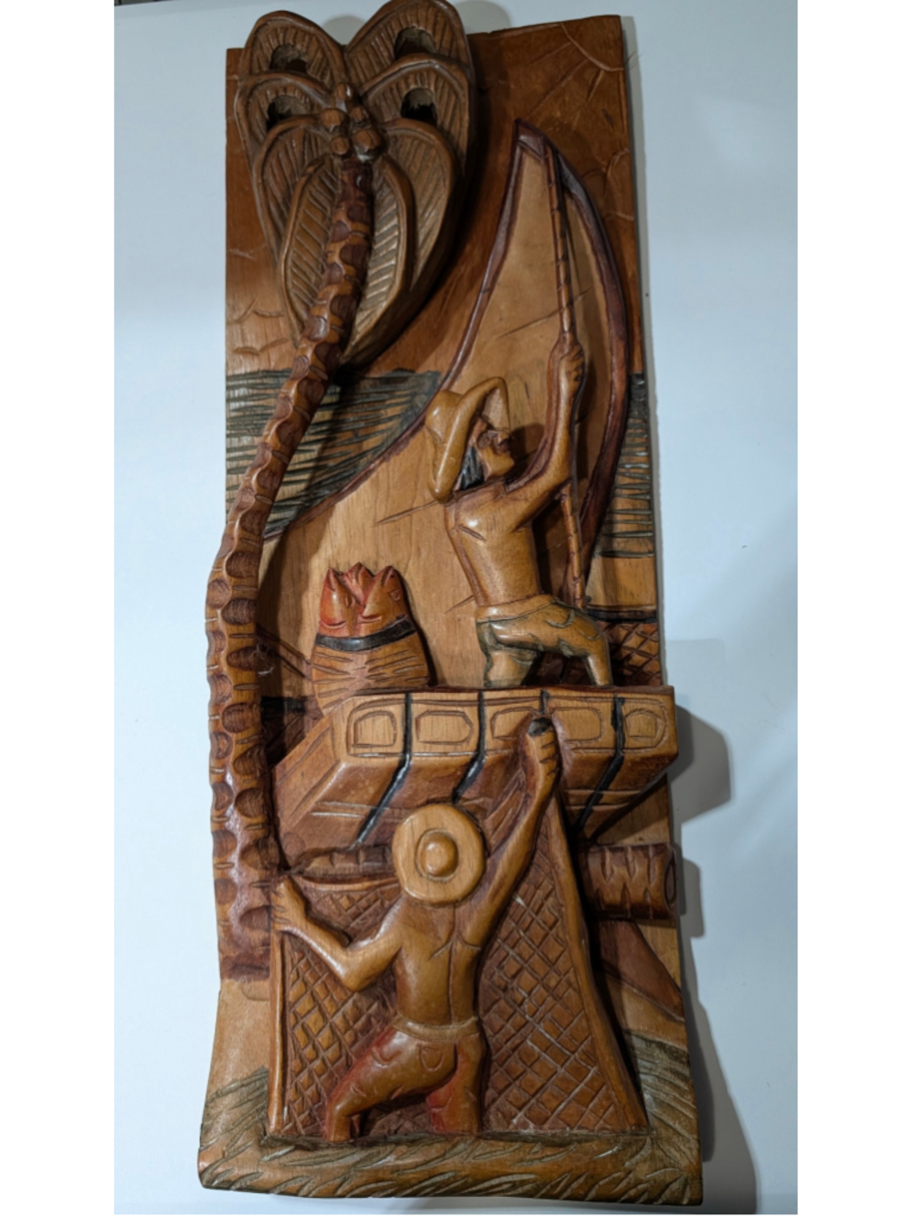 Unbranded Hand Carved 3D Wooden Fisherman Wall Decor Art One Size Brown